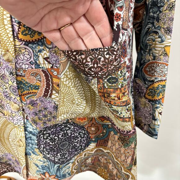Joan Rivers sz S blouse tunic top paisley print brown gold beige button front - Picture 6 of 9